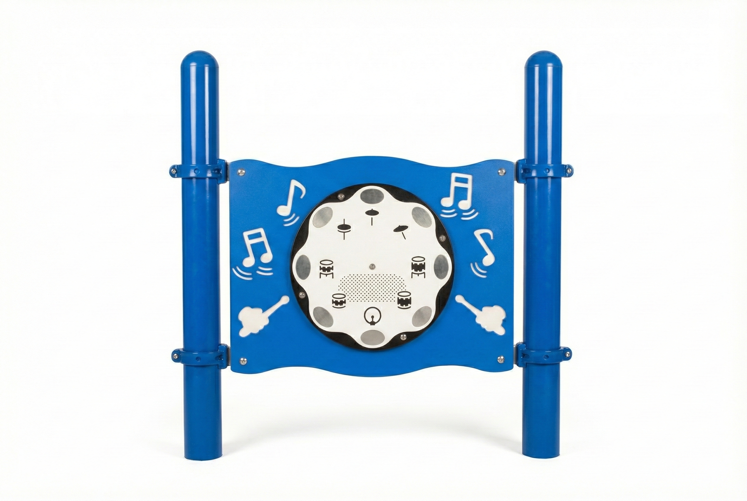 Drum Panel Interactive Music Station with blue frame and white drum pad featuring musical notes and drum icons in outdoor playground