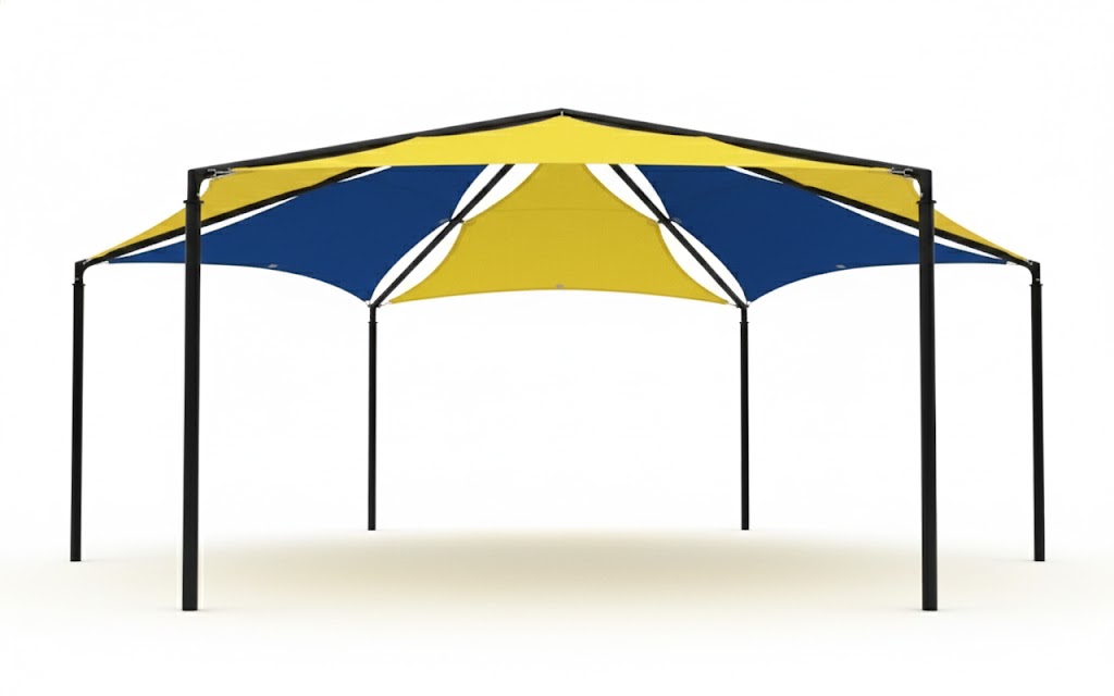 Hexagon Multi-panel Shade Structure with alternating blue and yellow fabric panels on black metal frame for outdoor sun protection