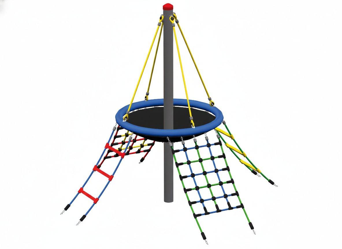 Bird's Nest Mini Tree climbing equipment with circular nest platform, colorful rope ladders, and central support pole