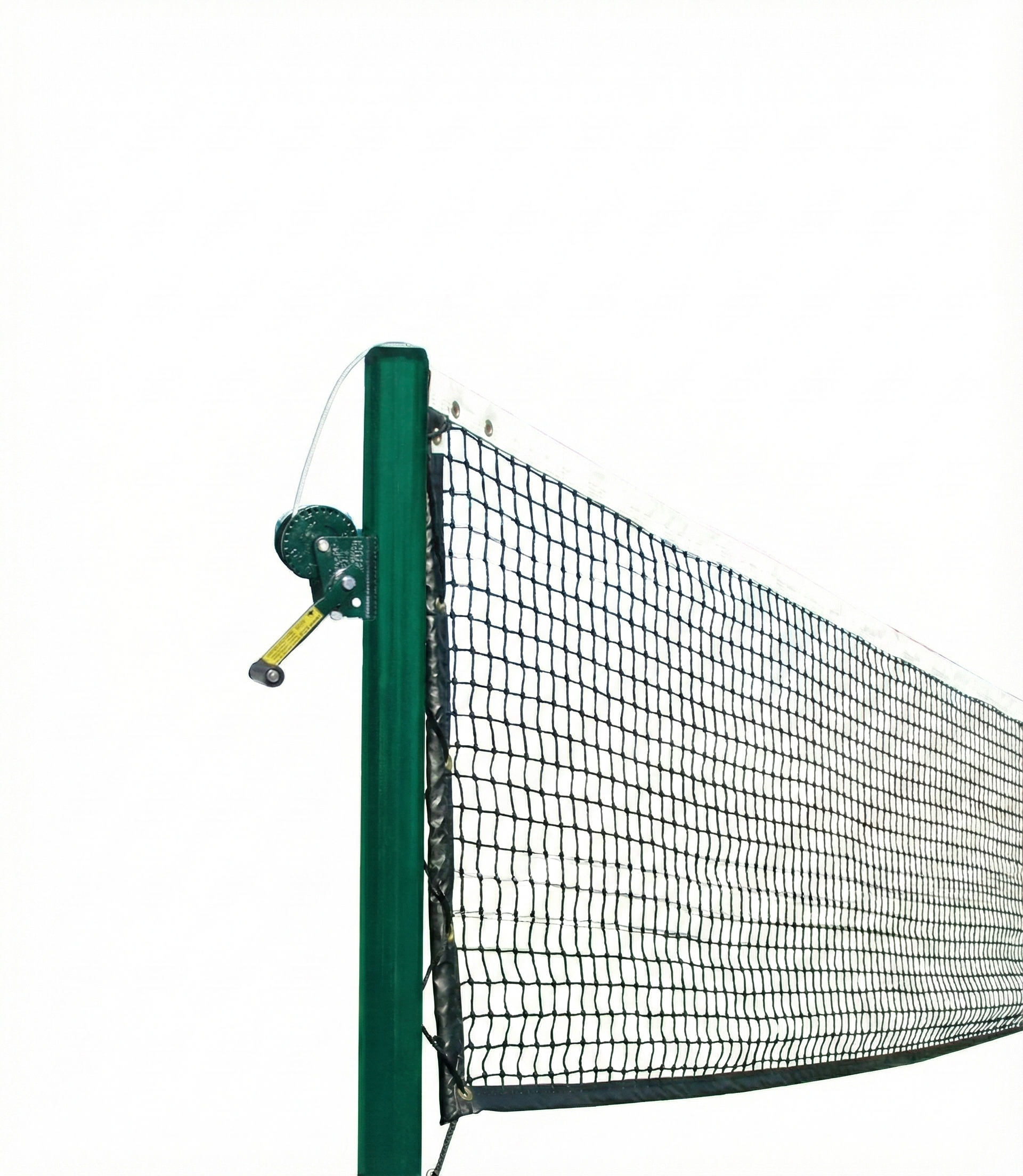 Official Tennis Posts set of 2 with green powder-coated steel, grooved aluminum caps, net reel, and fittings for outdoor tennis courts