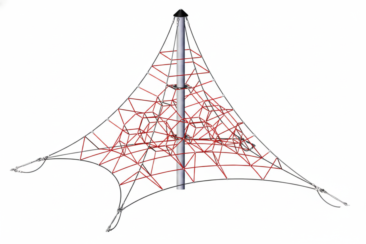 Spider Climber with red multi-directional climbing ropes, central gray support pole, and colorful mesh net playground structure