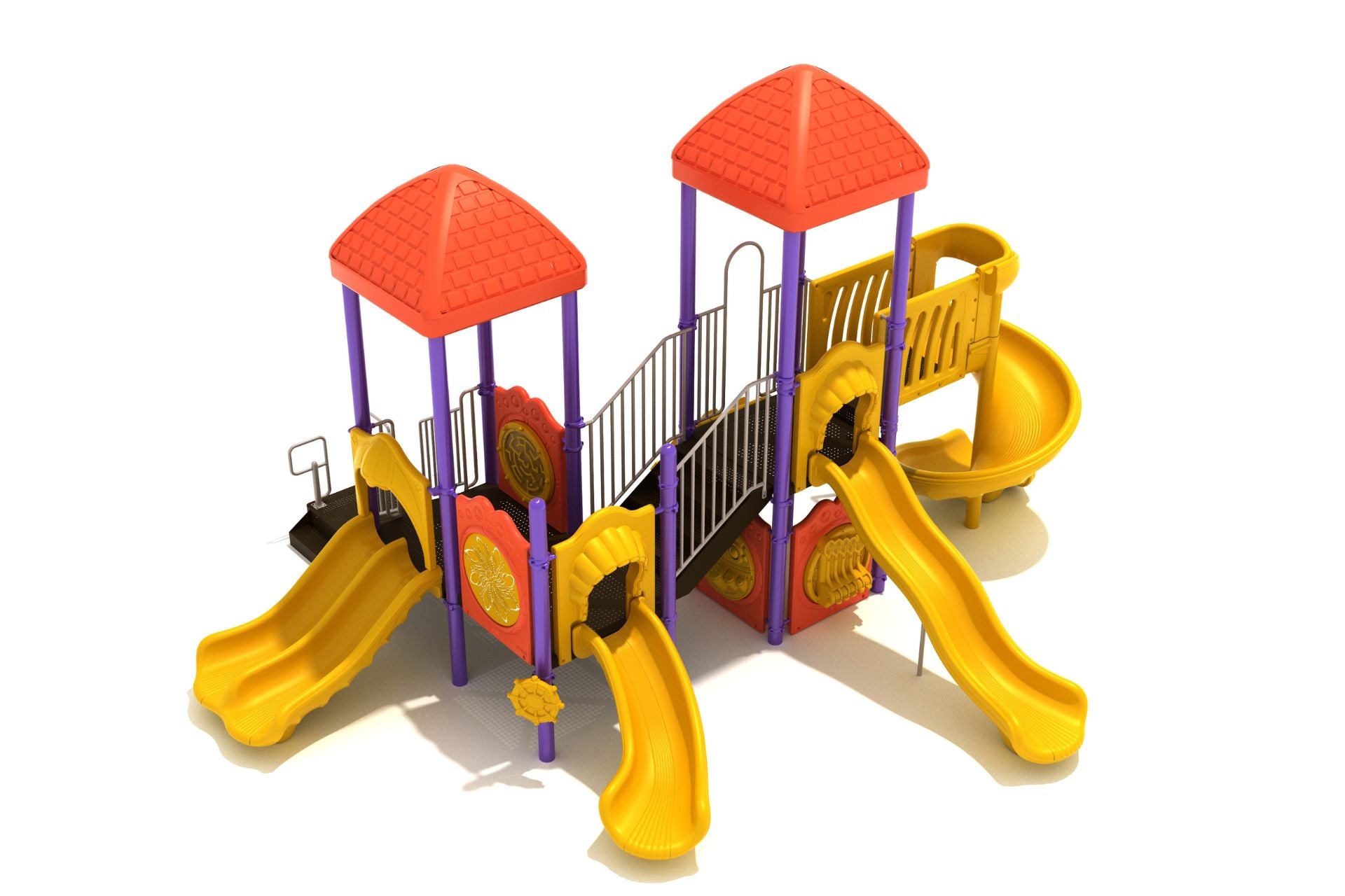 Valley View Playground with multiple yellow slides, red roofs, purple supports, and interactive activity panels including mazes and musical features.
