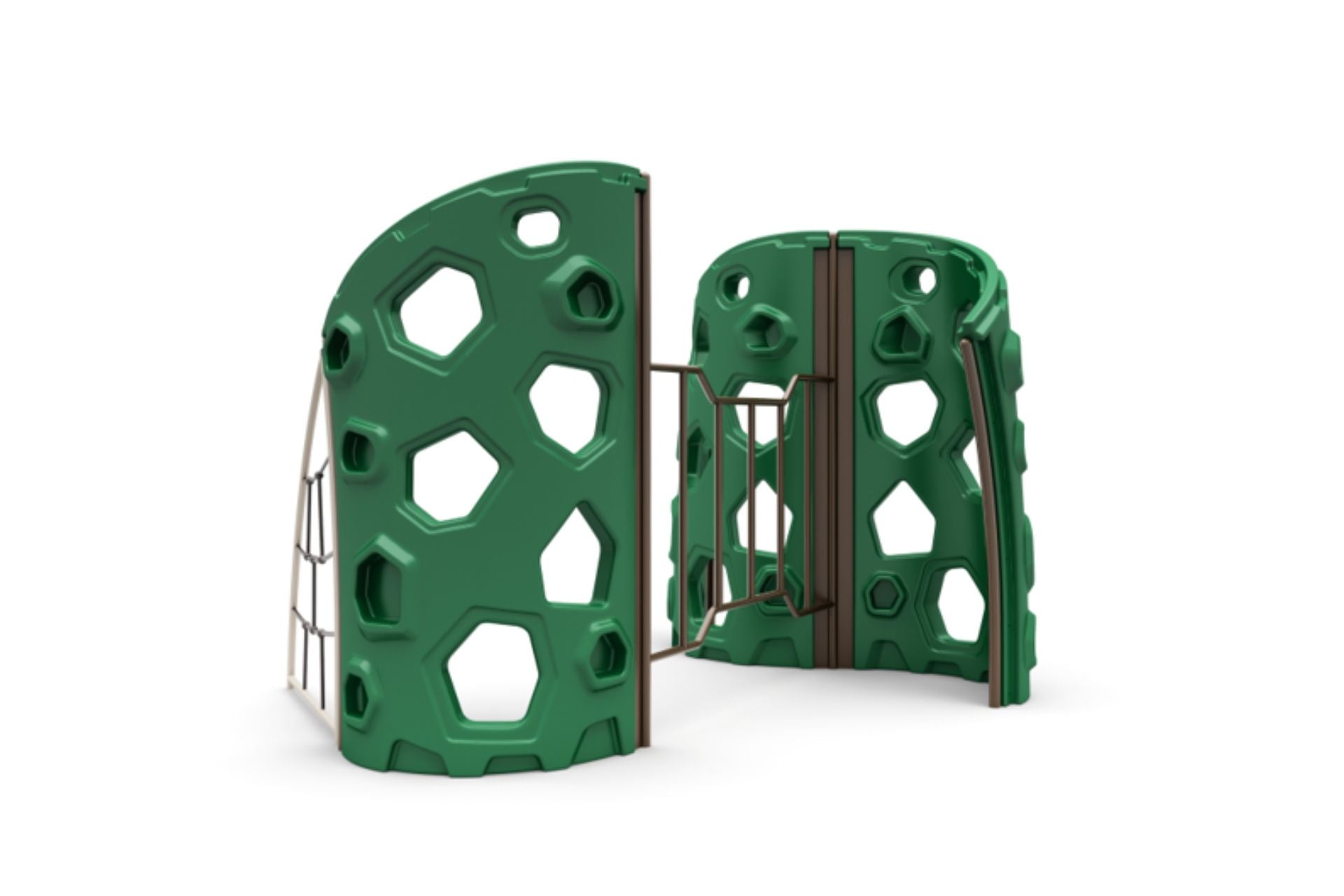 Green modular outdoor rock climbing structure with geometric cutouts and secure handholds for active play