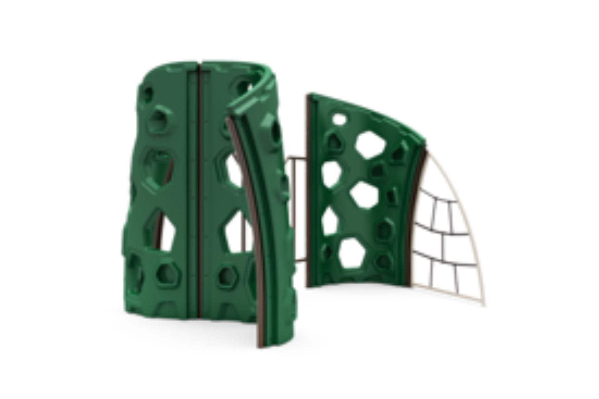 Green modular outdoor climbing structure with geometric cutouts and secure handholds for children’s active play