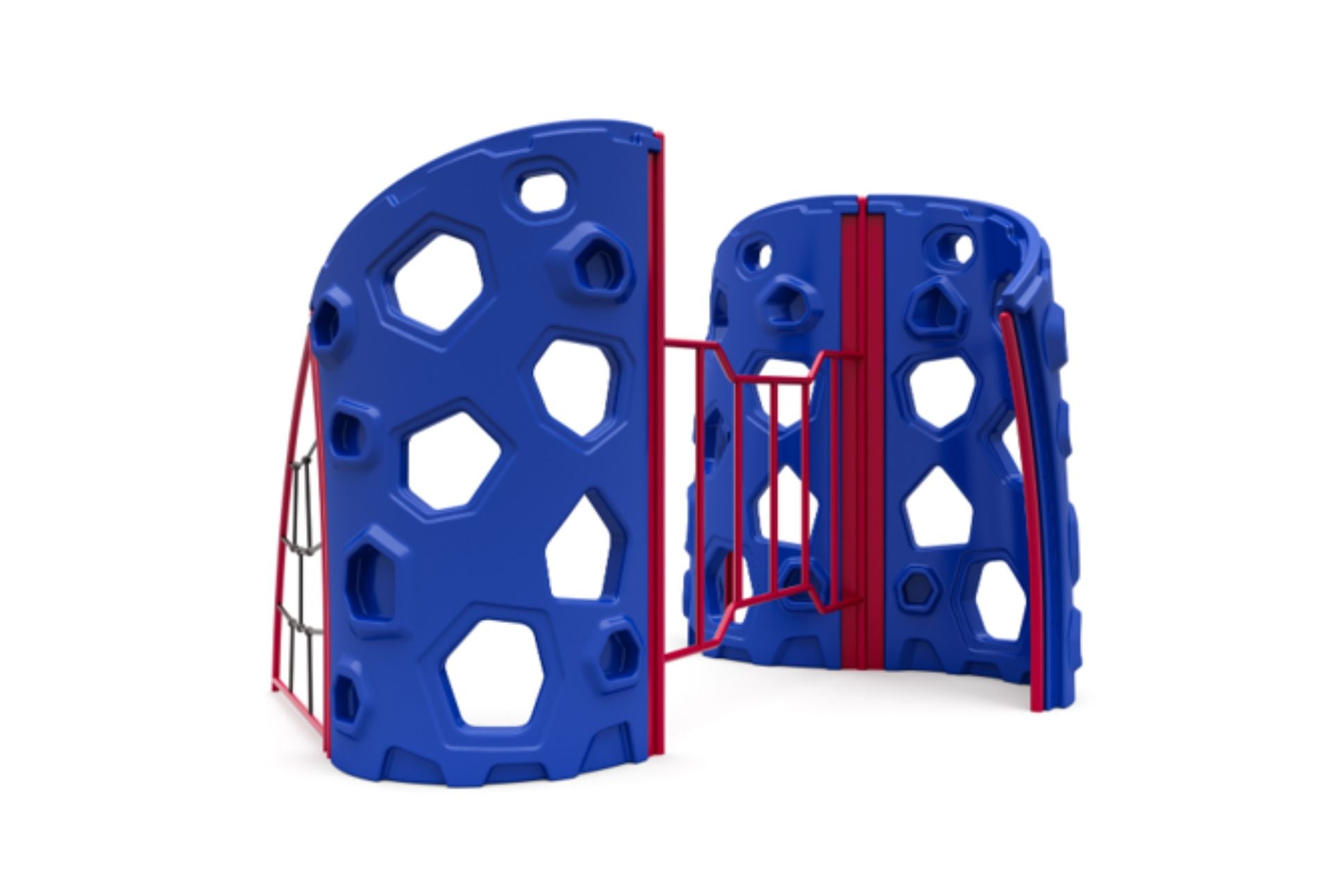 Blue modular vertical climbing panels with geometric cutouts and red metal connectors for outdoor playgrounds