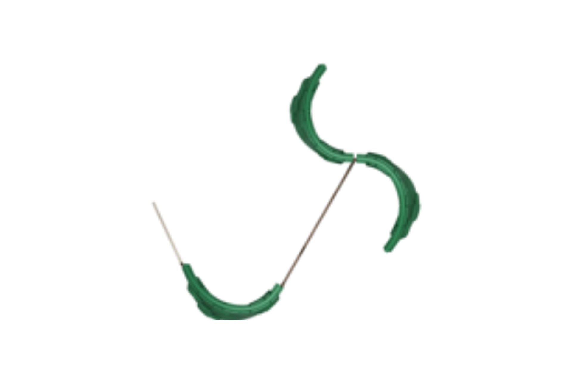 Overhead view of green modular climbing panels with curved shapes and geometric cutouts connected by ropes for outdoor play