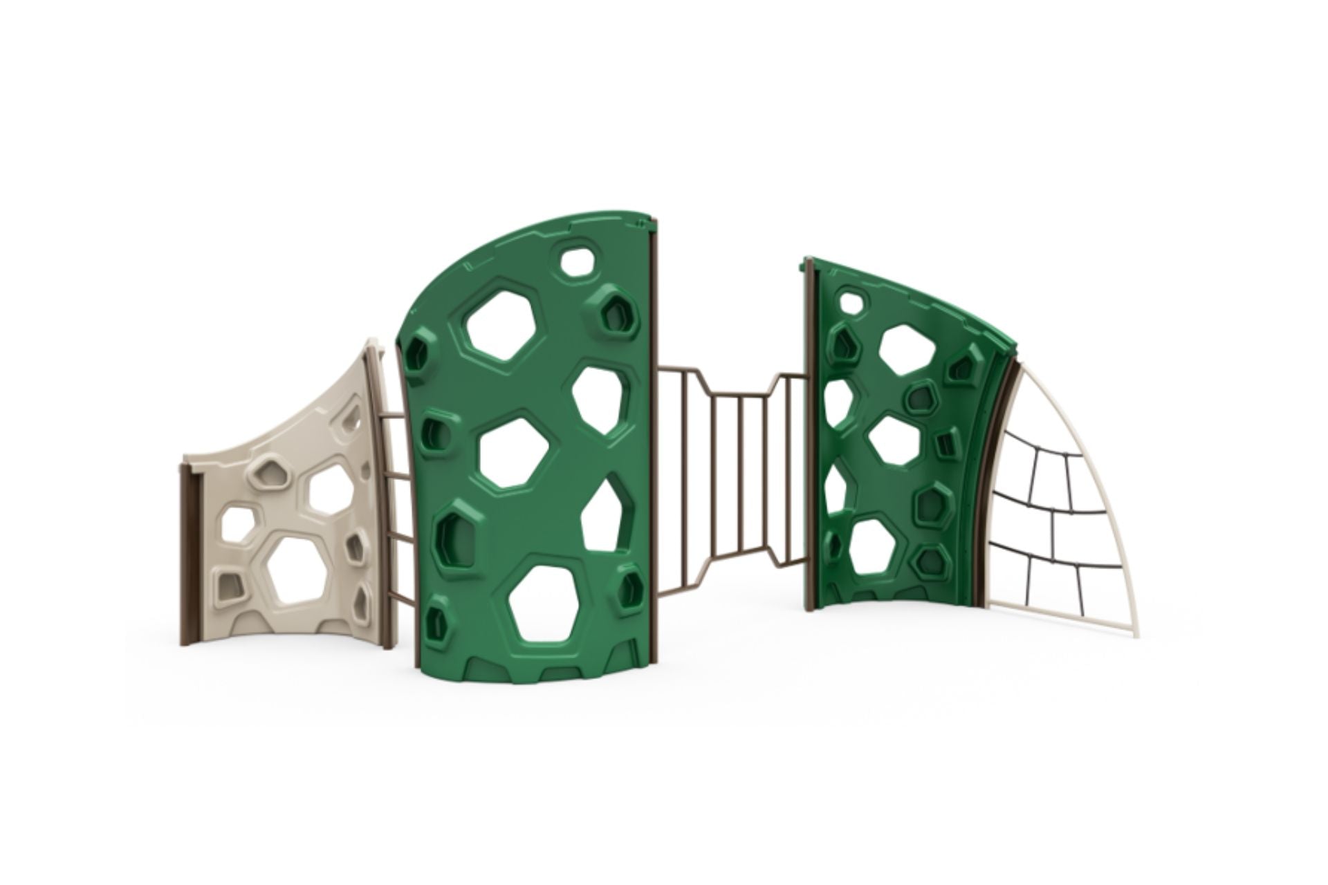 Double arch vertical rock climbing structure with green and beige geometric panels and metal climbing bars.