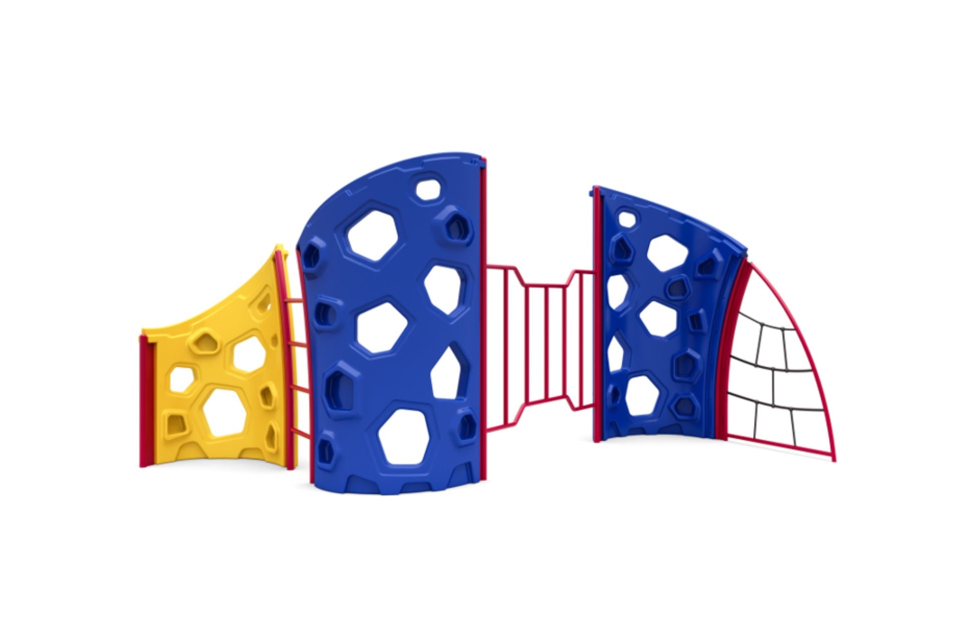 Colorful double arch climbing structure with blue and yellow panels and red metal bars for playground climbing.