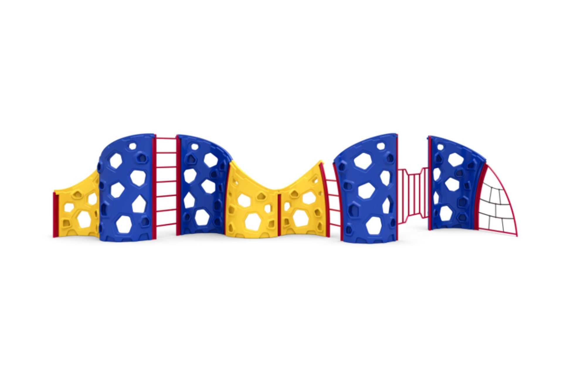 Colorful outdoor climbing structure with wavy hexagonal cutout panels, metal ladder, and rope climbing elements for active play