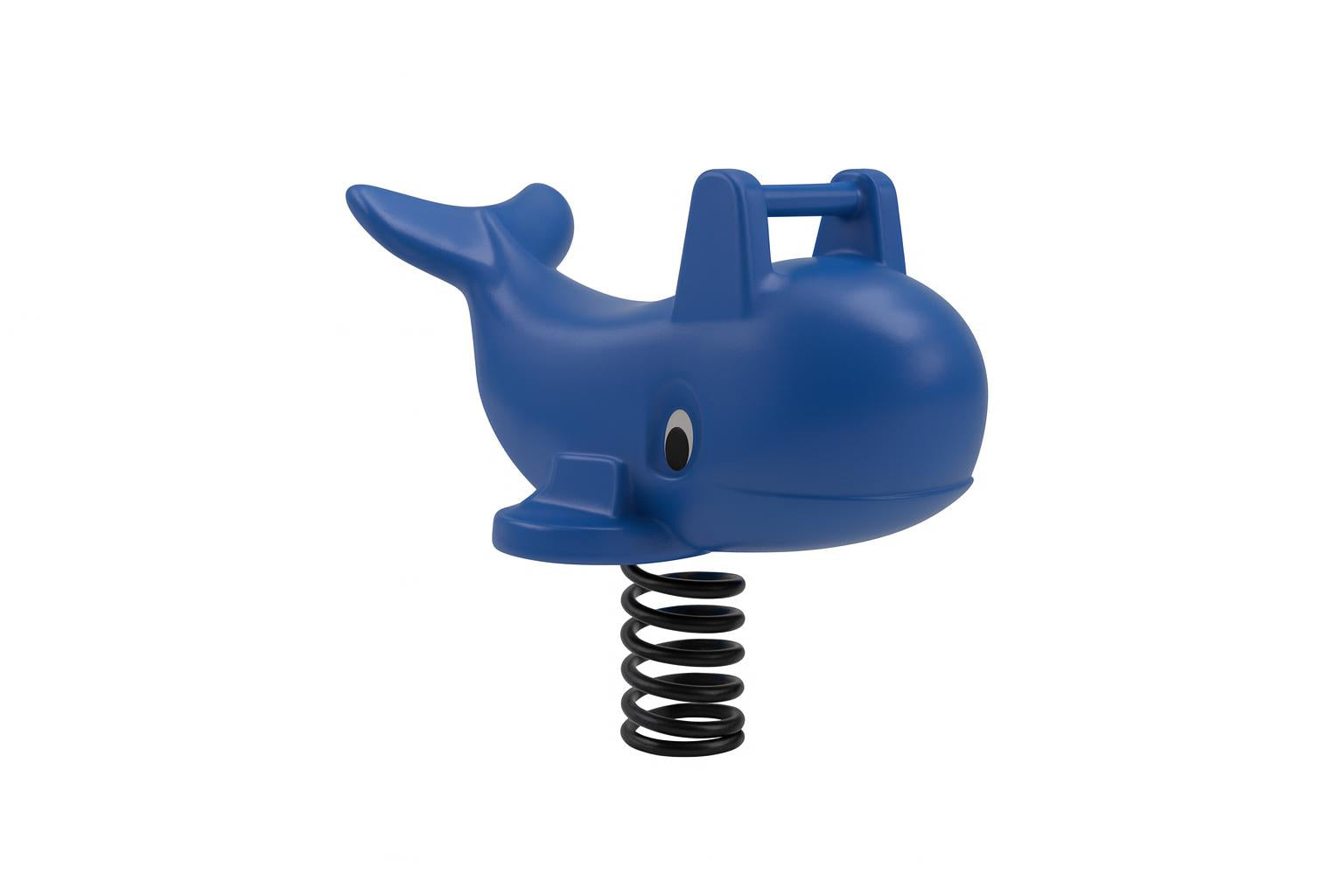 Blue Whale Spring Rider playground toy with black spring base and friendly whale face in outdoor wooded playground