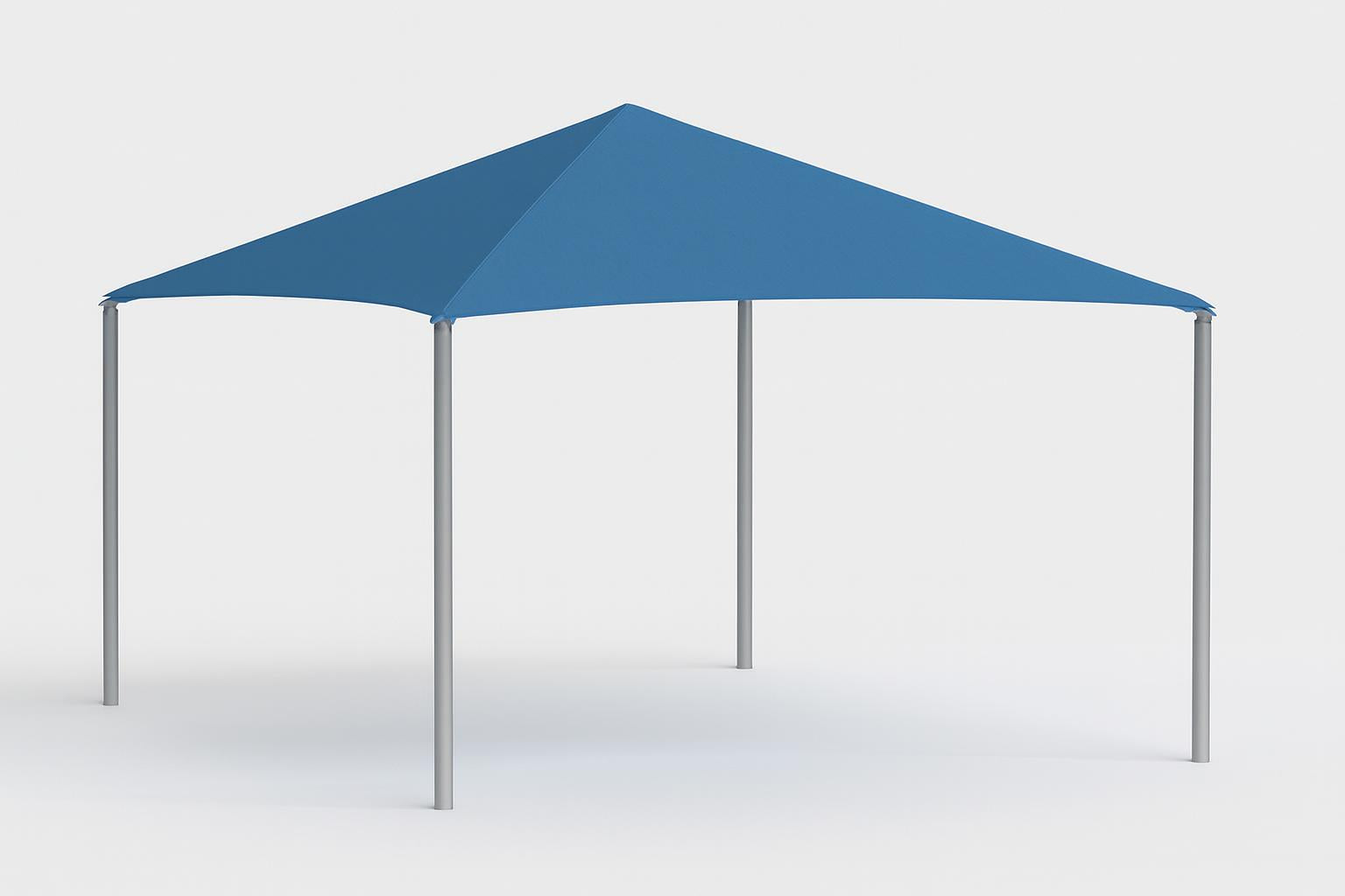 Pyramid Shade Structure with 4 galvanized posts in blue, UV-protective canopy providing cooling shade over playground picnic tables