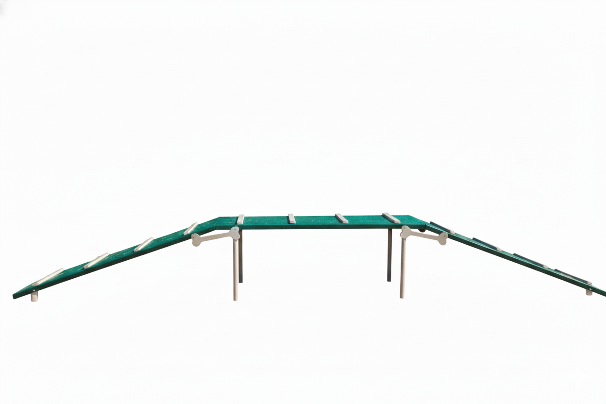 The Dog Walk elevated green dog park plank with beige non-slip strips and bone-shaped accents for outdoor dog exercise