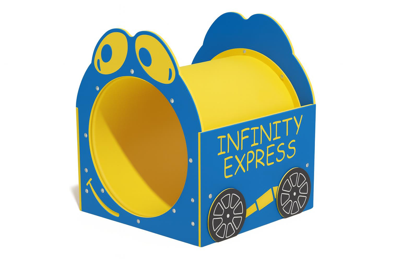 Infinity Express Tunnel playground climbing tunnel in bright yellow and blue with playful face and wheel designs on grass