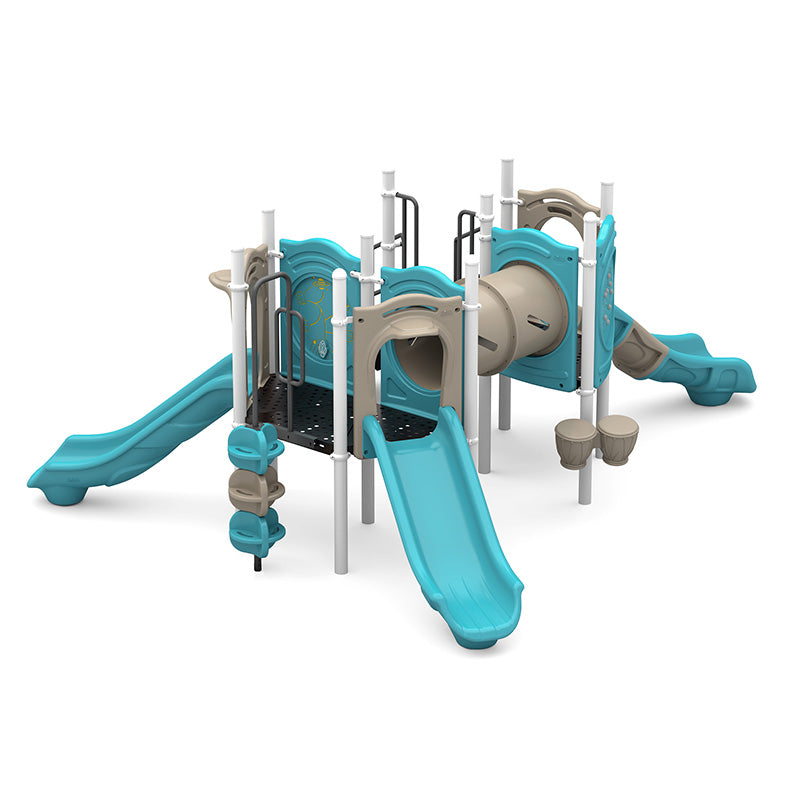 Colorful playground structure with multiple slides, crawl tunnel, climbers, and sensory panels in blue and beige tones