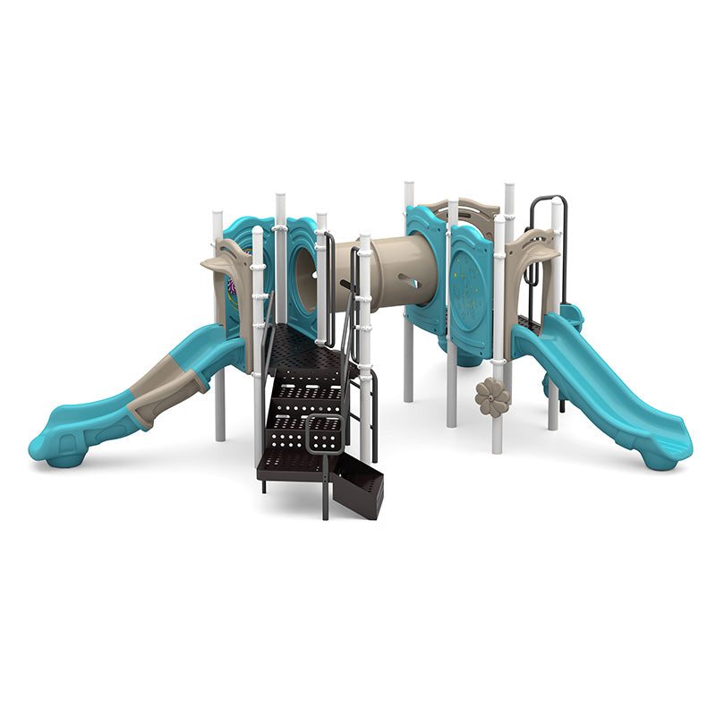 Colorful playground system with two slides, crawl tunnel, climbing pods, and sensory rain wheel.