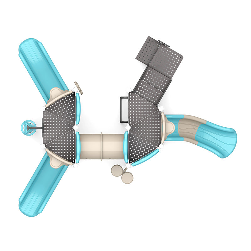 Overhead view of a large playground system with two blue slides, beige crawl tunnel, climbing platforms, and sensory rain wheel