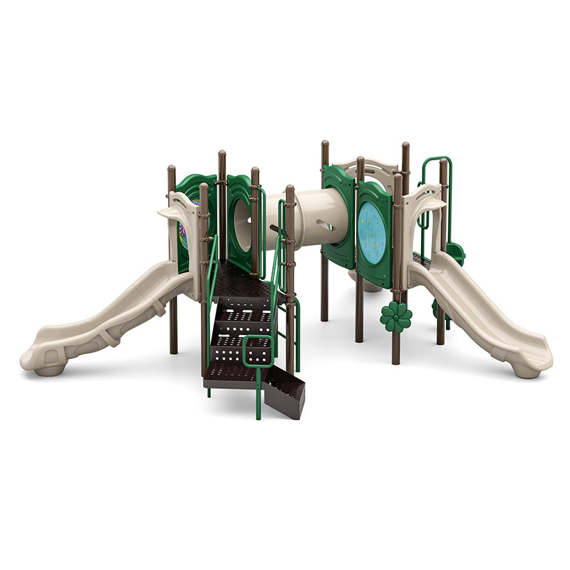 Green and beige playground with two slides, crawl tunnel, climbing stairs, and sensory panels including a rain wheel.