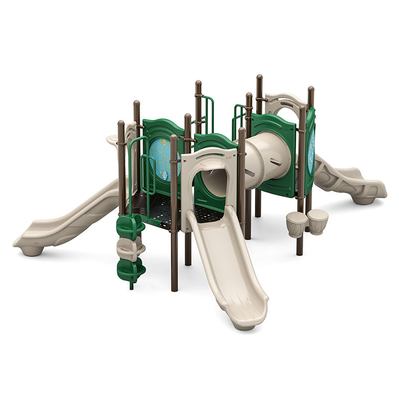 Sunbeam Summit Playground with beige slides, green panels, crawl tunnel, climbers, and sensory rain wheel play system