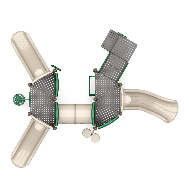 Overhead view of a playground system with two straight slides, a twisty slide, crawl tunnel, climbers, and sensory rain wheel