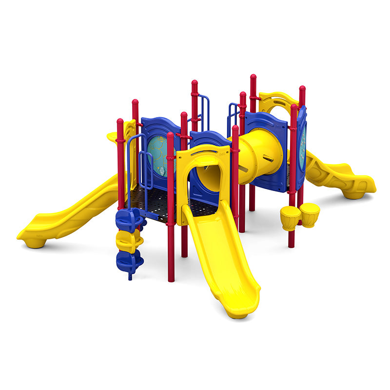 Colorful playground with yellow slides, red posts, blue panels, crawl tunnel, sensory drums, and climbing features