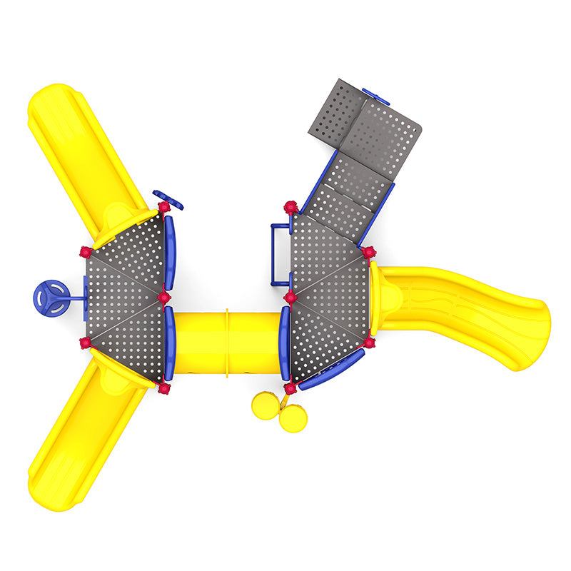 Overhead view of a vibrant playground with yellow slides, crawl tunnel, climbing platforms, and sensory rain wheel