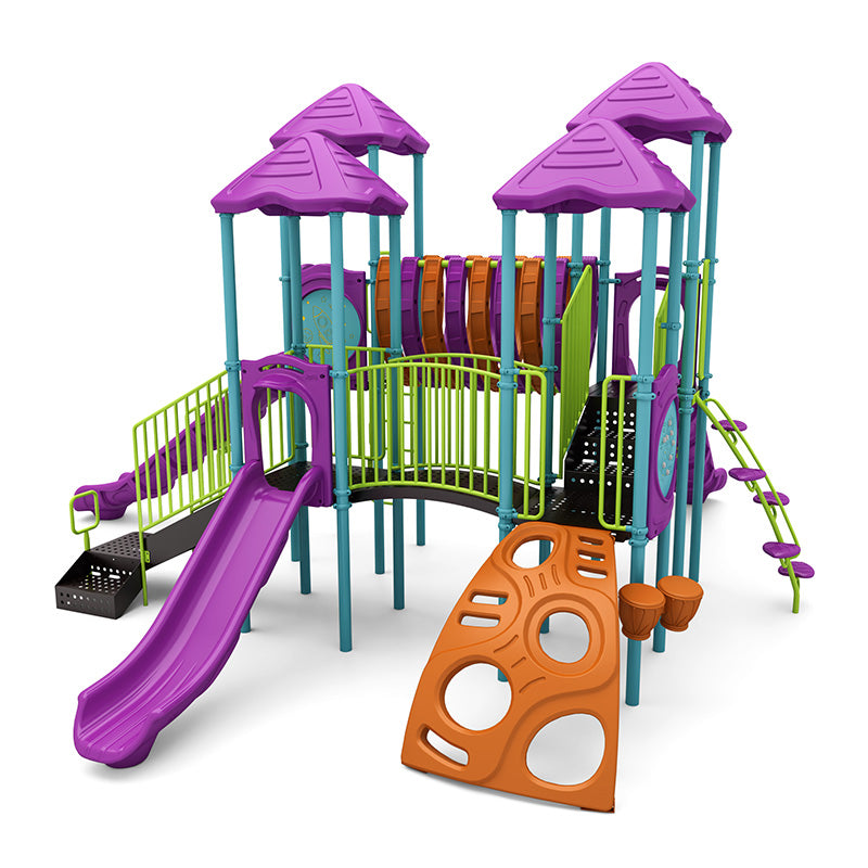 Colorful playground with purple slides, orange climbing wall, green railings, multiple platforms, and purple roofs.