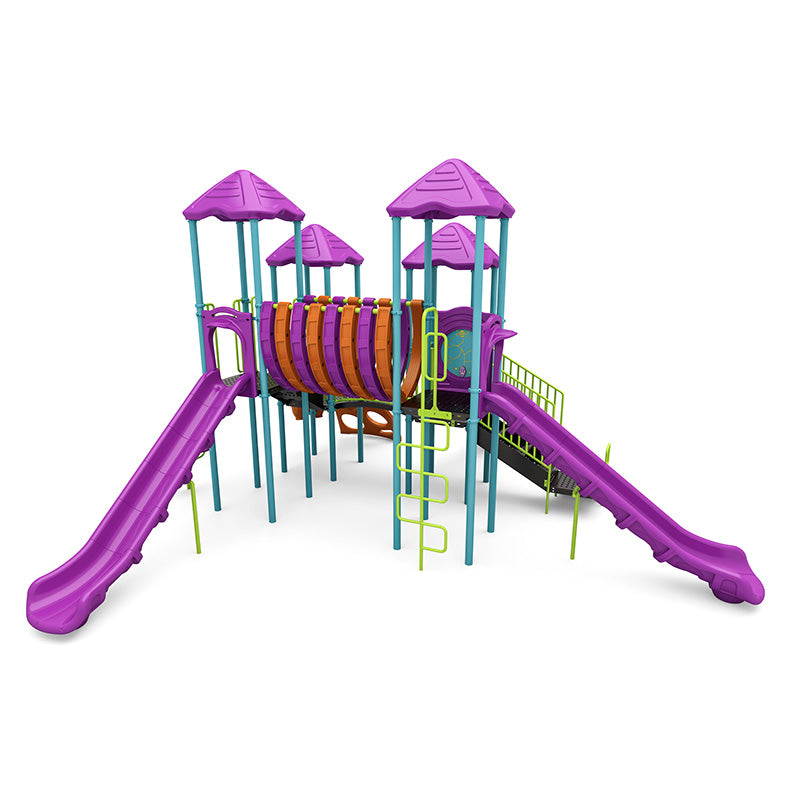 Vibrant purple and orange playground with multiple slides, climbing ladders, covered platforms, and inclusive ADA transfer station.