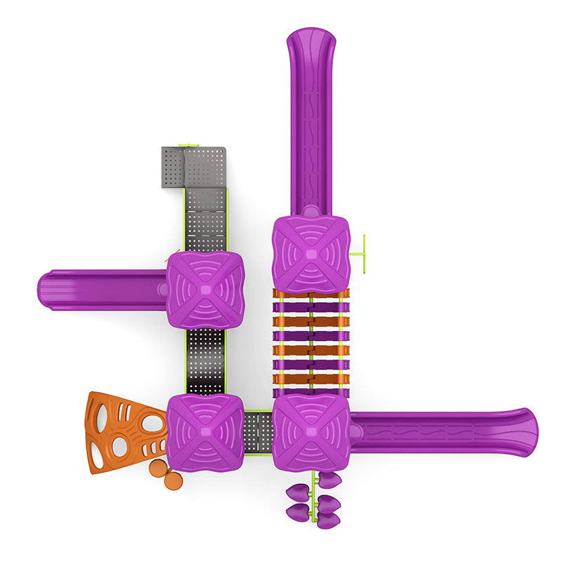 Overhead view of a vibrant playground with purple slides, orange climbing wall, and interconnected platforms with bridges and ladders