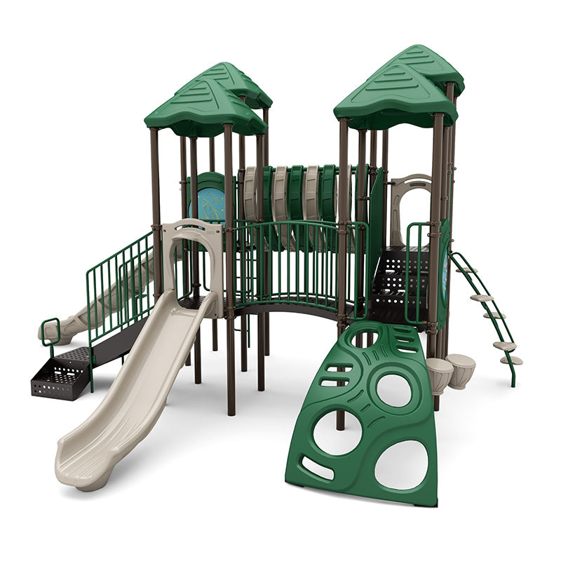 Fast Tracker Playground with green roofs, beige slides, climbing wall, ADA transfer station, and natural play system elements