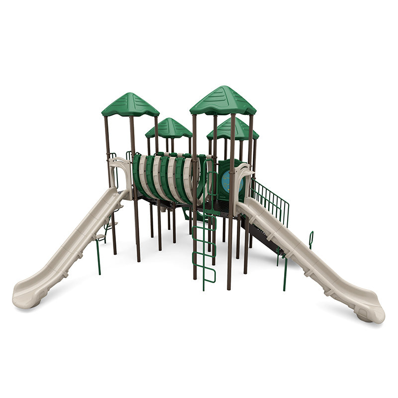 Large playground structure with green roofs, beige slides, climbing ladders, and a connecting tunnel between platforms