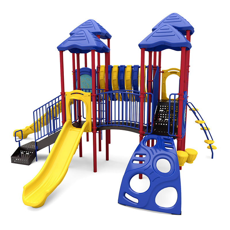 Colorful playground structure with slides, climbing panels, tunnel, multiple platforms with blue roofs and red posts