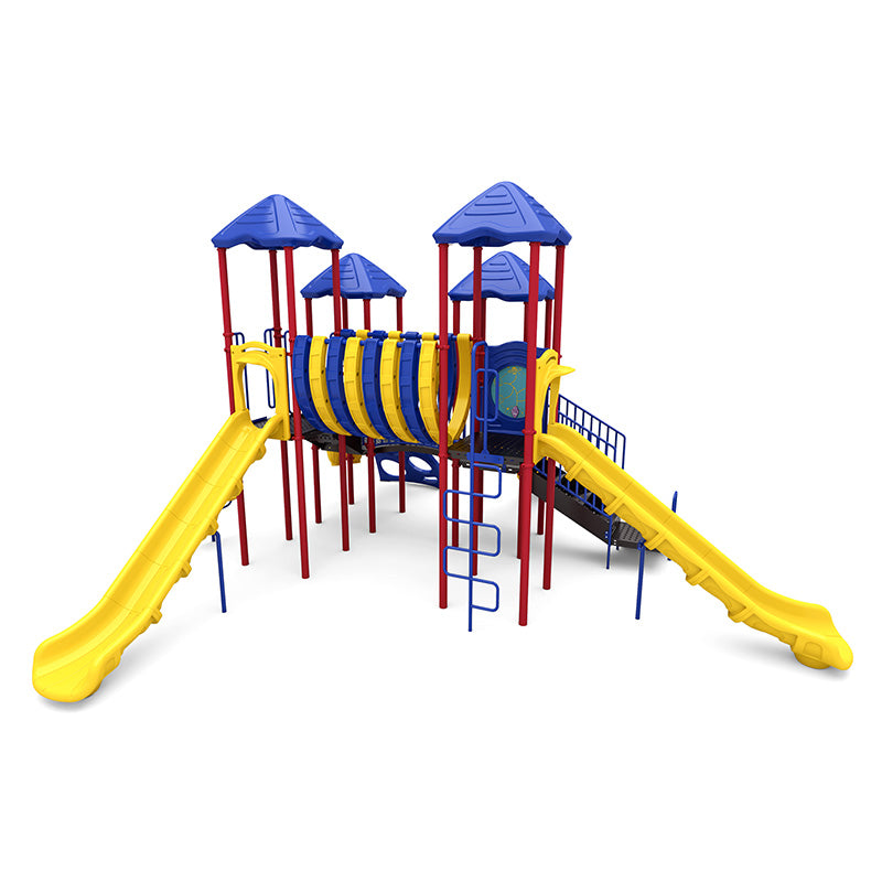 Colorful playground with blue roofs, red posts, yellow slides, climbing elements, and interactive panels for inclusive outdoor play.