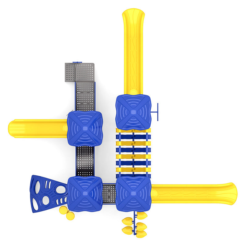 Overhead view of vibrant playground with blue platforms, yellow slides, climbing elements, and interactive activity panels