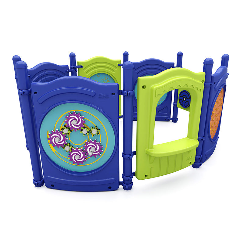 Colorful modular toddler play structure with blue and green interactive gear and steering wheel panels