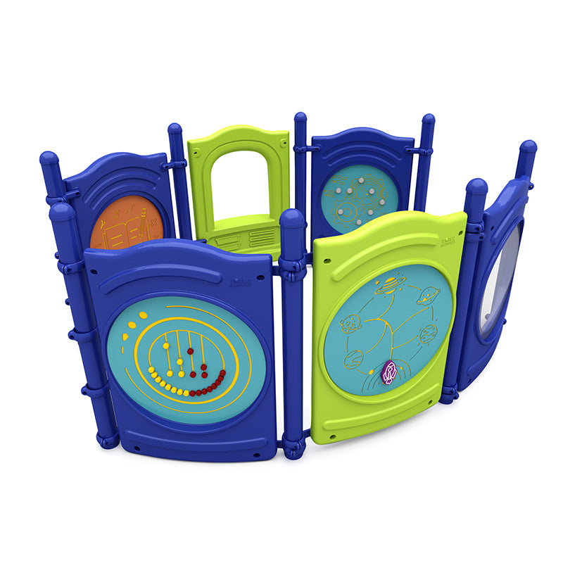 Colorful toddler playground with interactive panels featuring planets, abacus beads, and a bubble window in a compact play structure