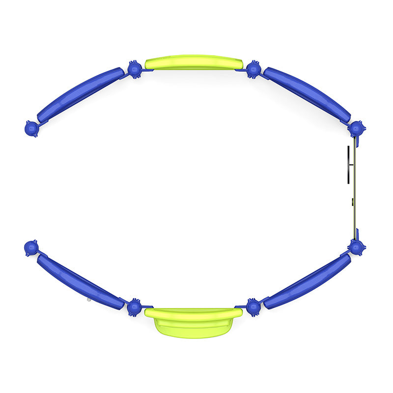 Overhead view of colorful playground with blue and green curved panels, interactive play features, bubble window, and steering wheel panel