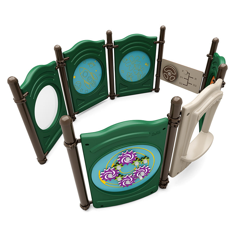 Compact green and beige toddler play structure with interactive panels featuring gears, rocket, flowers, and steering wheel.