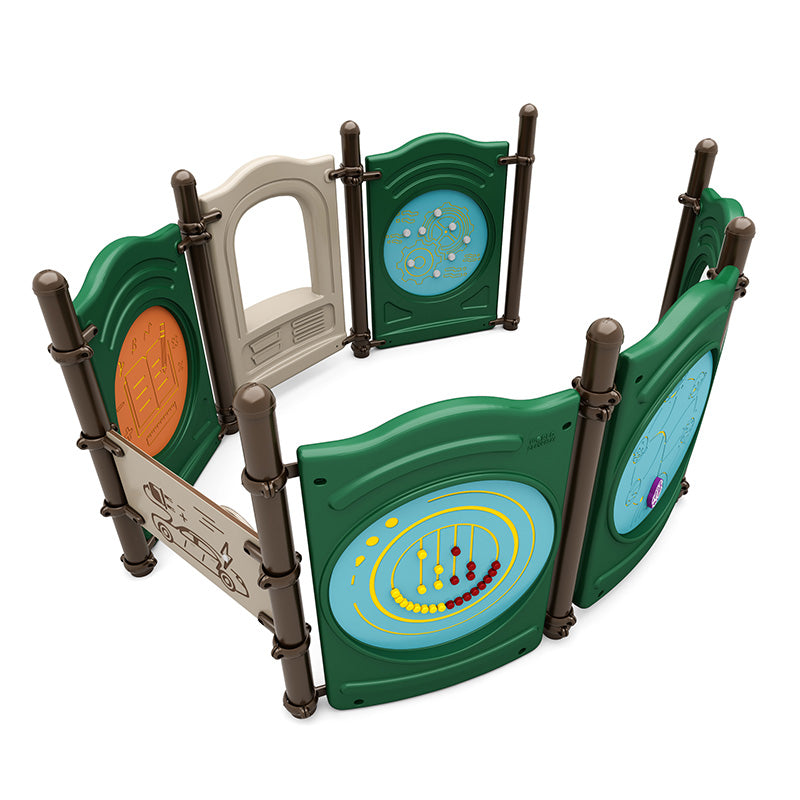 Pinecone Play Playground toddler enclosure with sensory panels including abacus beads, shapes, bubble window, and sturdy posts for ages 6–23 months