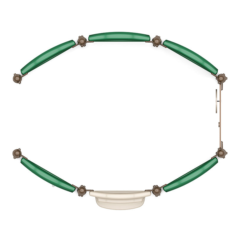 Overhead view of circular toddler playground with green curved panels, beige slide, interactive play features, and bubble window.