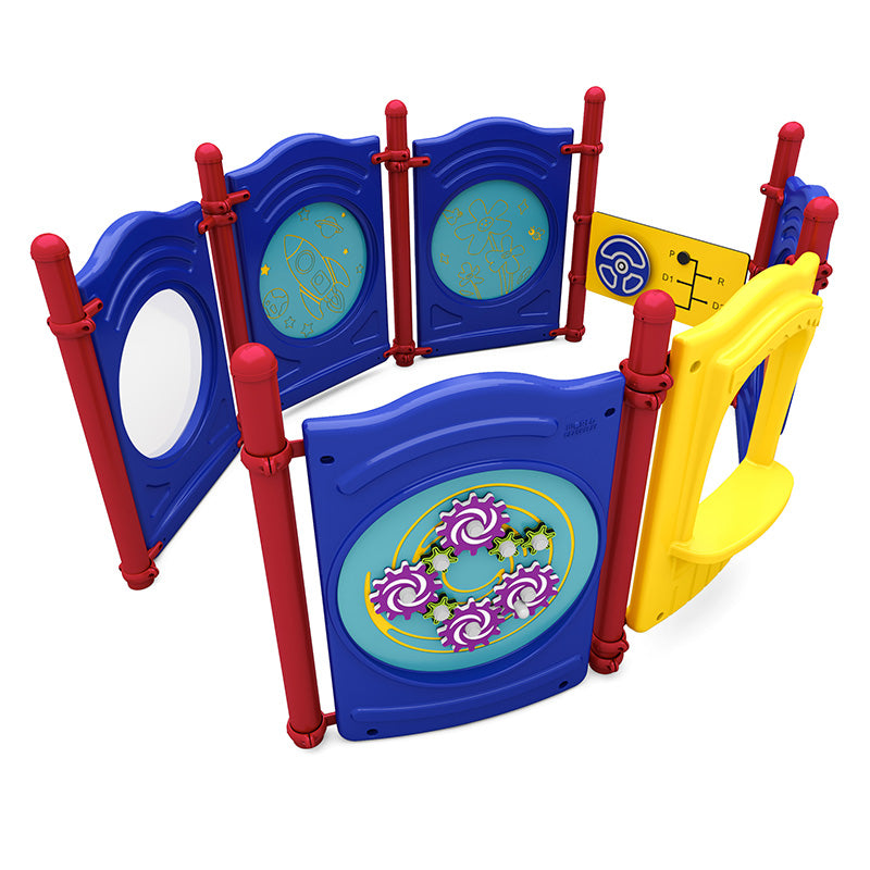 Colorful toddler play structure with interactive panels featuring gears, rocket, flowers, steering wheel, and bubble window.