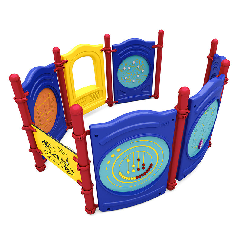 Colorful enclosed toddler play area with interactive panels featuring shapes, letters, numbers, a bubble window, and a steering wheel.