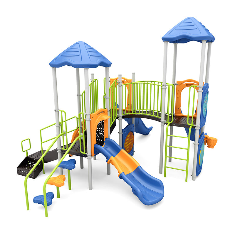 Colorful playground structure with blue roofs, orange and blue slides, green railings, interactive play panels, and musical elements.