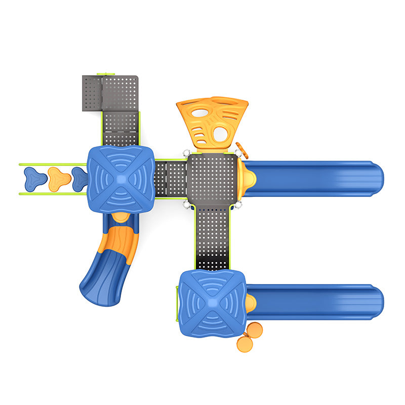 Overhead view of colorful playground structure with two blue slides, climbing platforms, interactive play panels, and sensory features