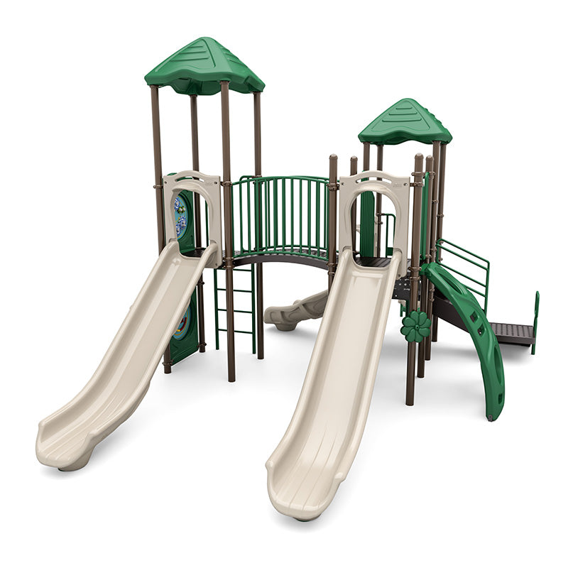Speedway Falls Playground with dual beige slides, green roofs, climbing features, and interactive play panels including gears and musical bongo