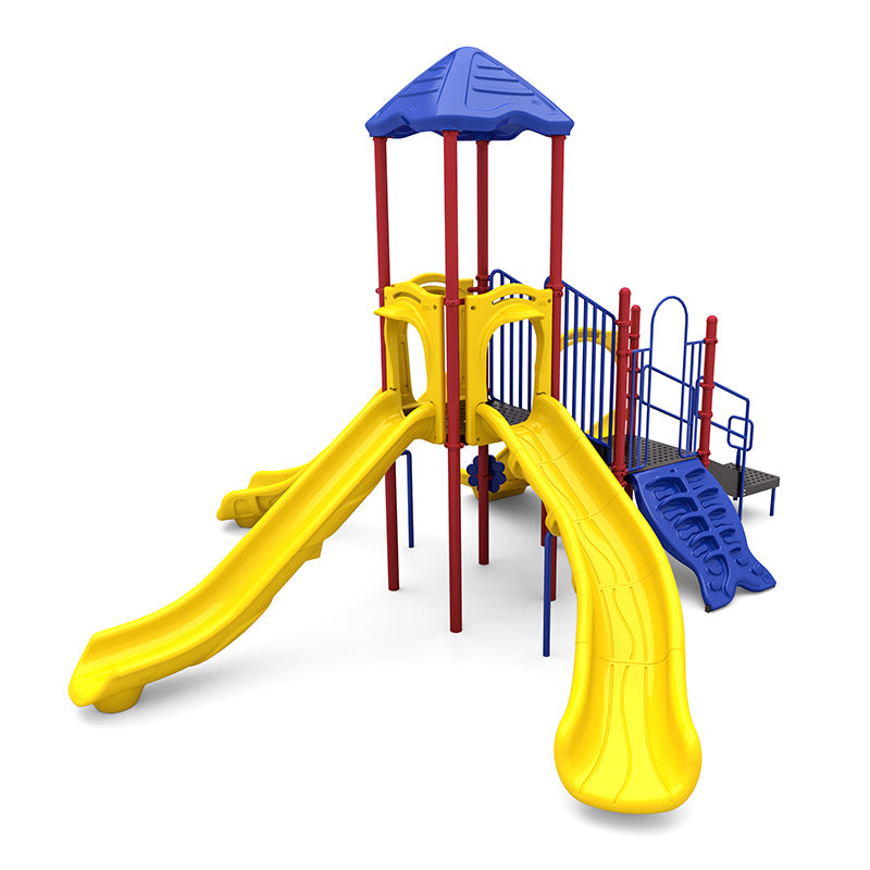 Colorful playground structure with yellow slides, blue climbing wall, red posts, blue roof canopy, and interactive play features.