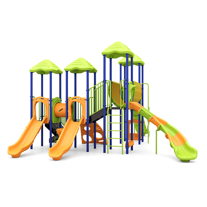 Colorful playground structure with multiple slides, climbing ladders, and covered platforms in green, orange, and blue.