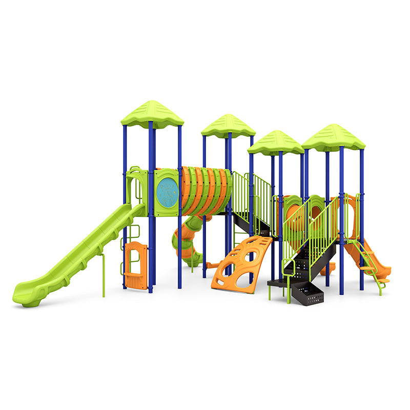Colorful playground structure with slides, climbing panels, tube tunnel, and shaded platforms supported by blue posts
