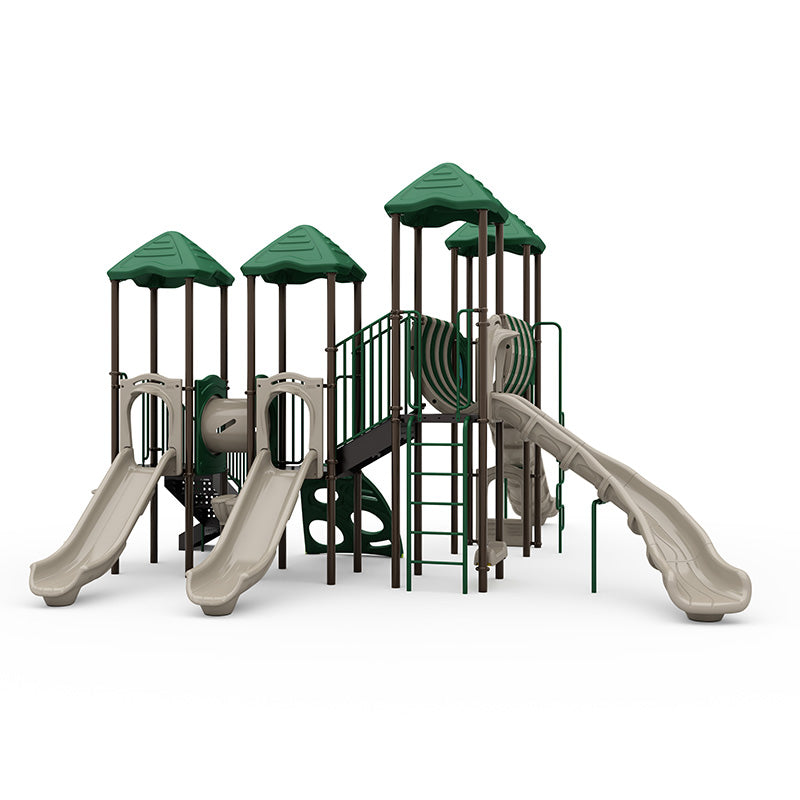 Arch Glider Playground with green roofs, beige slides, climbers, and ADA transfer station in natural play system design