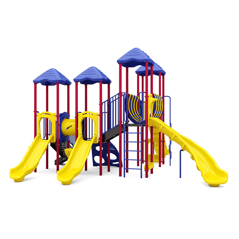 Colorful playground structure with yellow slides, blue roofs, red posts, climbing elements, and a tunnel for active play.