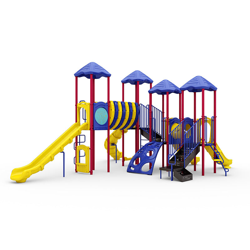 Colorful playground structure with slides, climbing panels, tube tunnel, and shaded platforms for active children's play